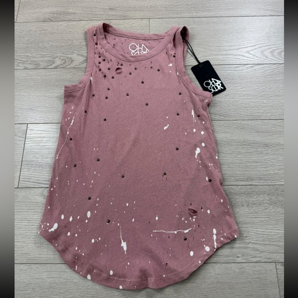 Chaser Pink Distressed Splatter Print Muscle Tank Sleeveless Top - Picture 1 of 8